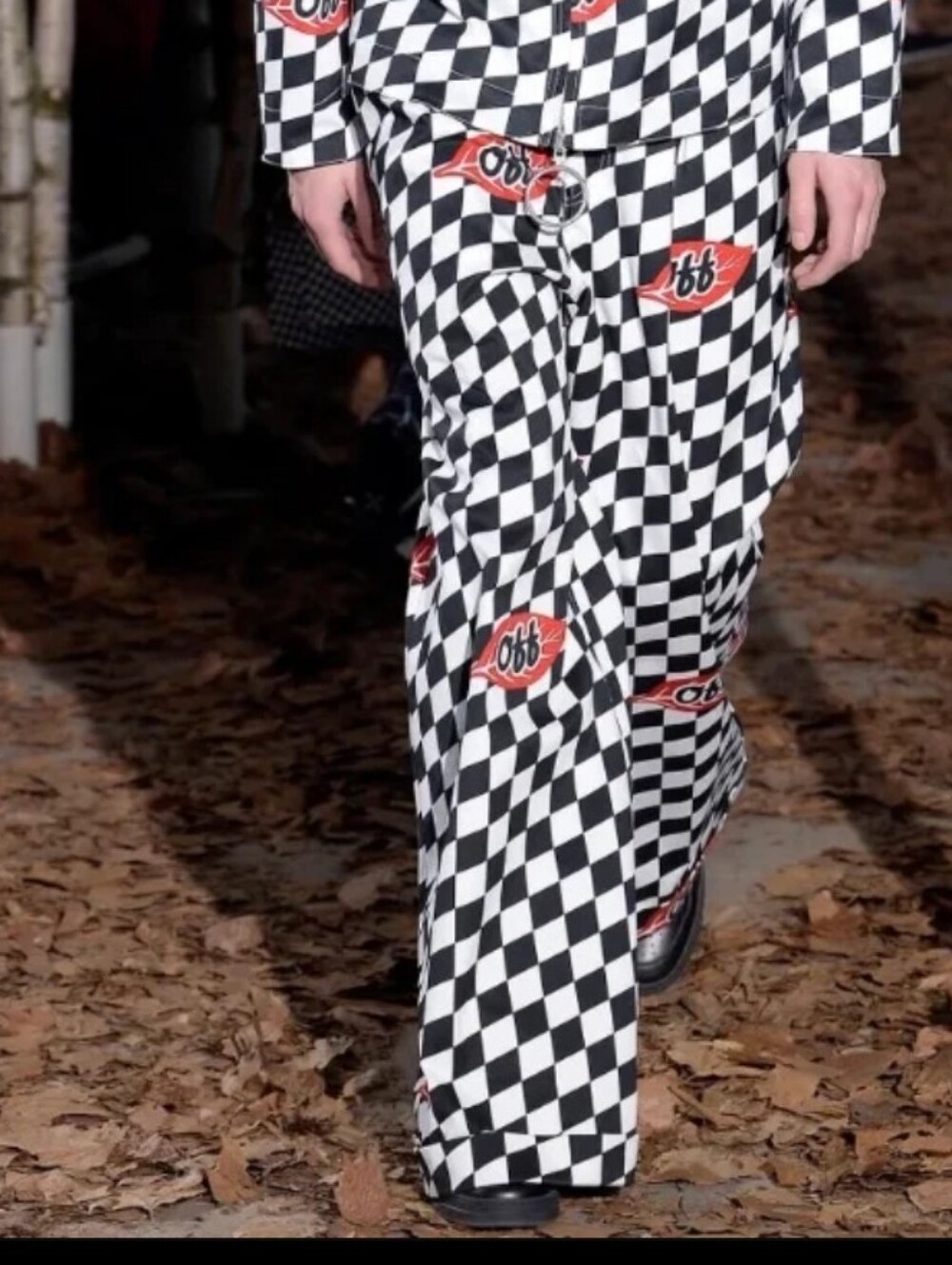Off-Whiite 2017 Runway Checkerboard Pants in Black & White with Red Logo Leaf
